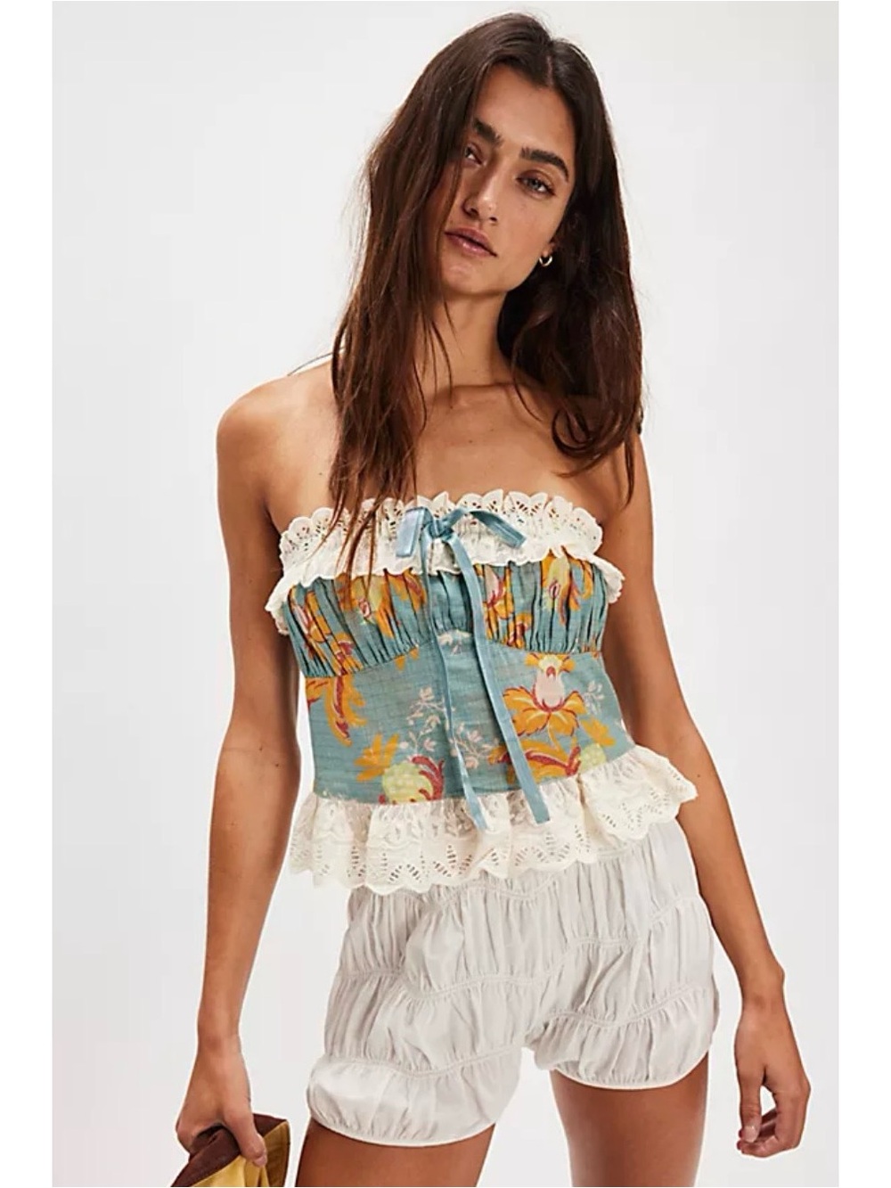 Strapless Floral Lace-Trim Bustier Top in Blue